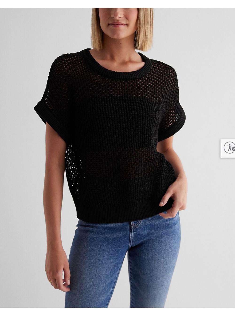 Express Black Open-Knit Short Sleeve Sweater